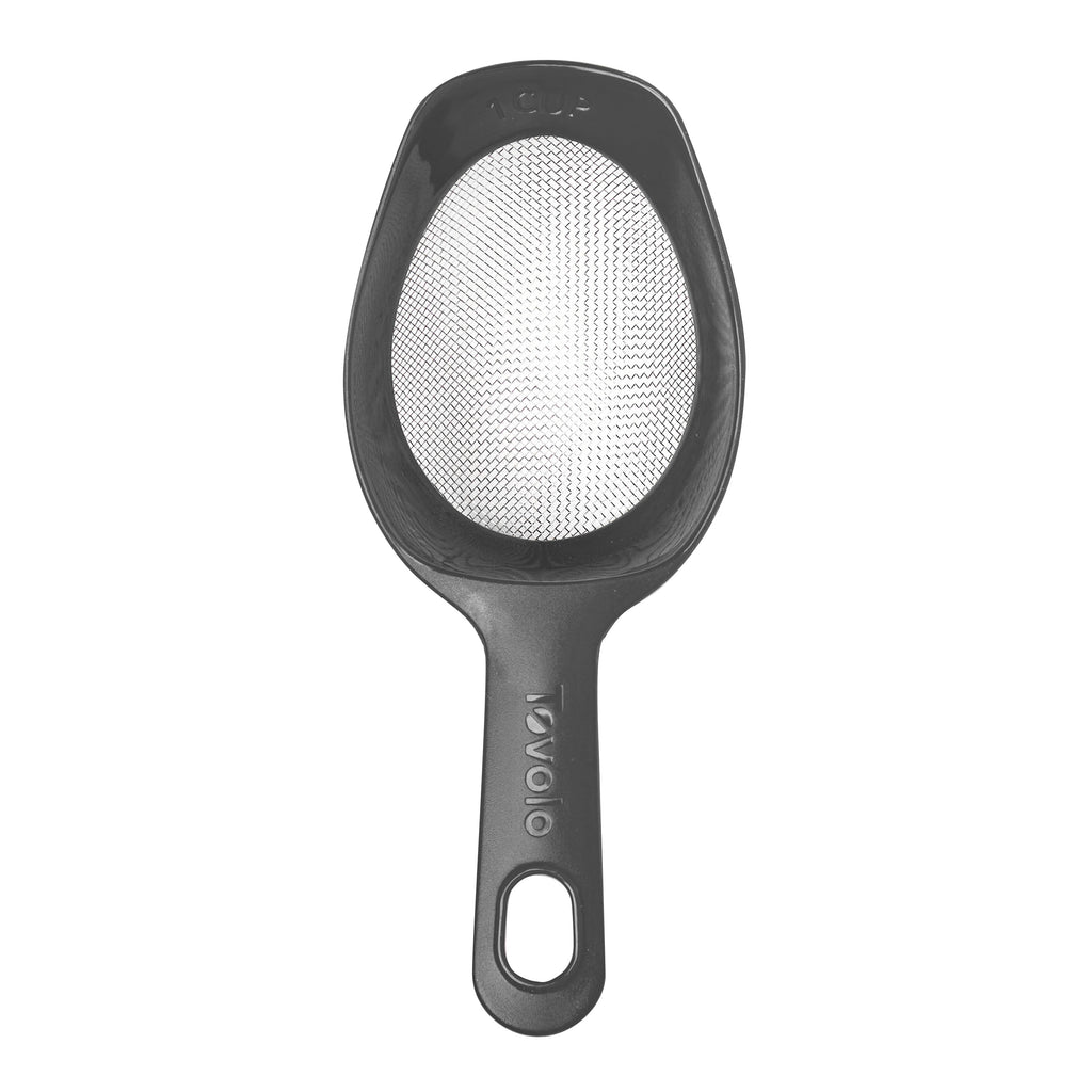 The Scoop and Sift is a black handheld fine mesh strainer with an oval metal sieve and a plastic handle with a hanging hole—perfect for sifting flour or using as a small sieve to scoop and sift ingredients easily.