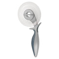 The 2-in-1 Pizza Wheel features a circular stainless steel blade and an ergonomic gray and silver handle, shown from above on a white background. This pizza cutter is also dishwasher safe for easy cleaning.