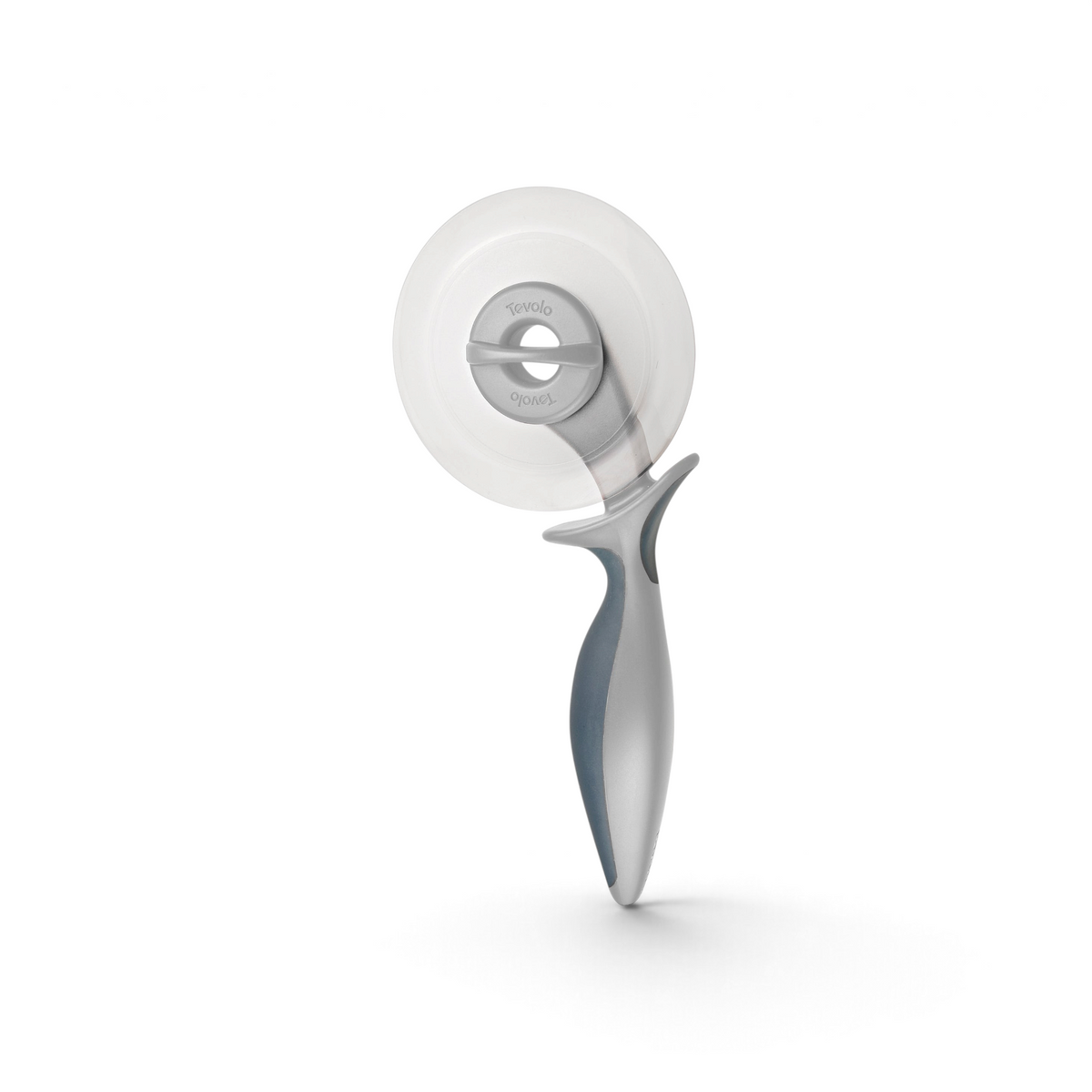 The 2-in-1 Pizza Wheel features a circular stainless steel blade and an ergonomic gray and silver handle, shown from above on a white background. This pizza cutter is also dishwasher safe for easy cleaning.