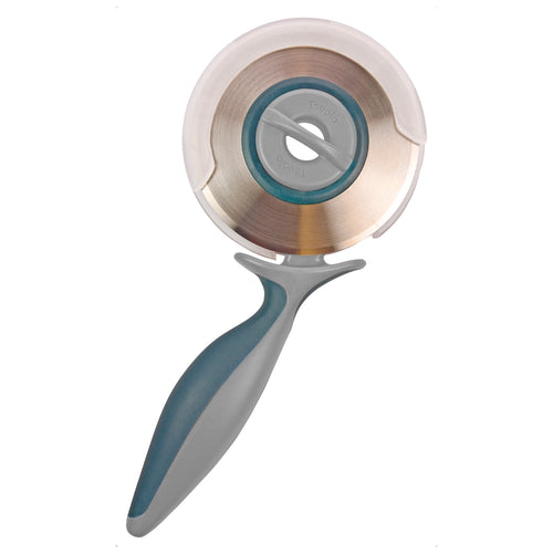 The 2-in-1 Pizza Wheel features a large, round stainless steel blade, an ergonomic gray and blue handle, a clear plastic cover, and is dishwasher safe. Shown against a white background.