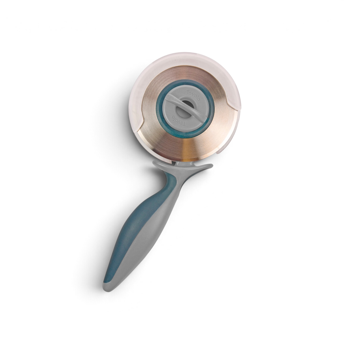 The 2-in-1 Pizza Wheel features a large, round stainless steel blade, an ergonomic gray and blue handle, a clear plastic cover, and is dishwasher safe. Shown against a white background.