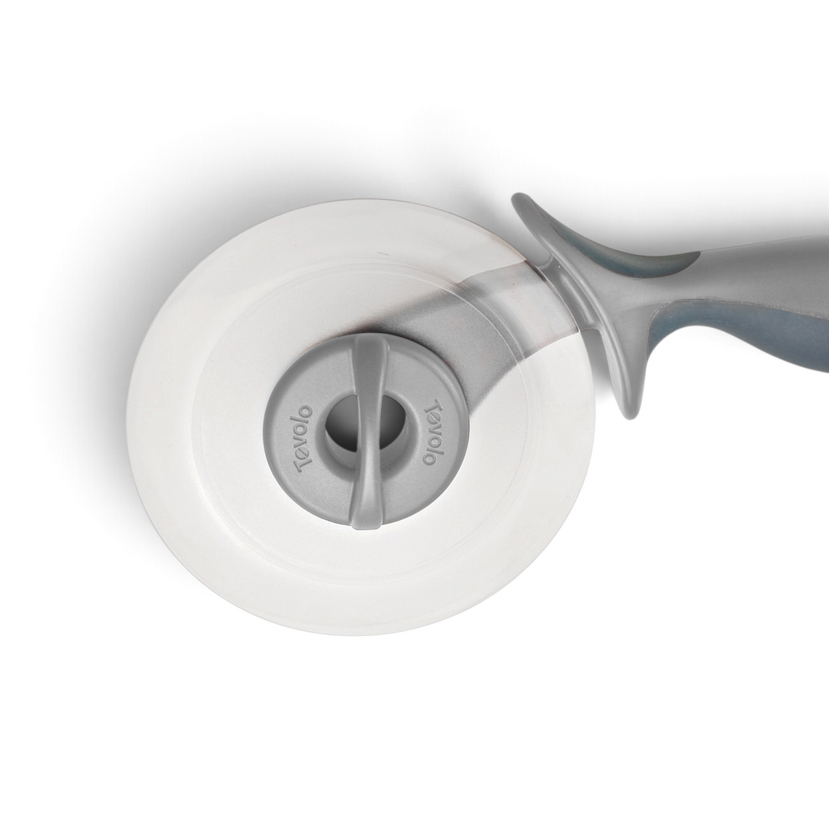 A close-up of the 2-in-1 Pizza Wheel featuring a gray handle and circular stainless steel blade, photographed on a white background. The 2-in-1 Pizza Wheel is also dishwasher safe for convenient cleaning.