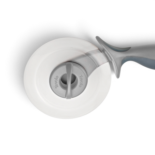 A close-up of the 2-in-1 Pizza Wheel featuring a gray handle and circular stainless steel blade, photographed on a white background. The 2-in-1 Pizza Wheel is also dishwasher safe for convenient cleaning.
