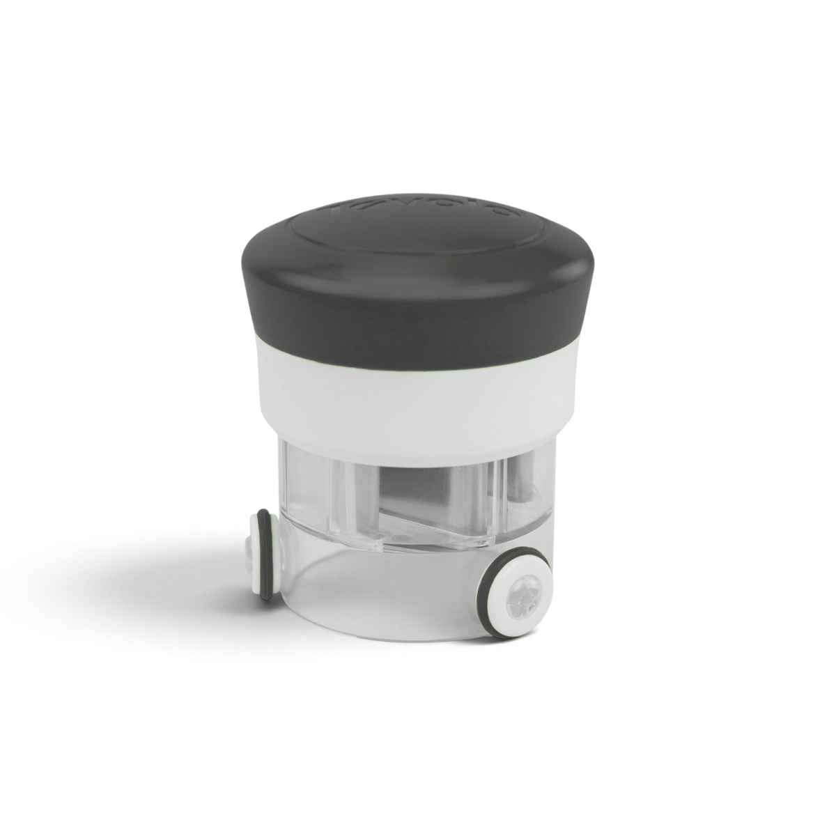 The Chop N Spin Mini Chopper is compact and cylindrical with a black top, white middle band, and clear base. It features a small side rotary knob, allowing for precise chopping control.