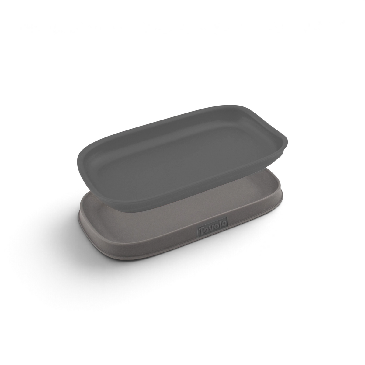 The Double Spoon Rest is a gray rectangular silicone tray with a fitted lid, shown slightly apart, featuring the Tovala brand on the side—perfect as a nesting spoon rest or kitchen utensil holder.
