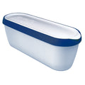 The Glide-A-Scoop Ice Cream Tub is a rectangular, blue and white container with a fitted, airtight lid embossed with "Tovolo," designed for homemade ice cream storage. It is shown on a white background.