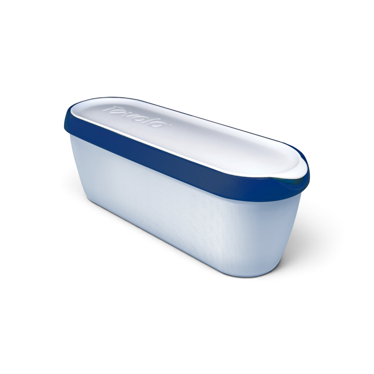 The Glide-A-Scoop Ice Cream Tub is a rectangular, blue and white container with a fitted, airtight lid embossed with "Tovolo," designed for homemade ice cream storage. It is shown on a white background.