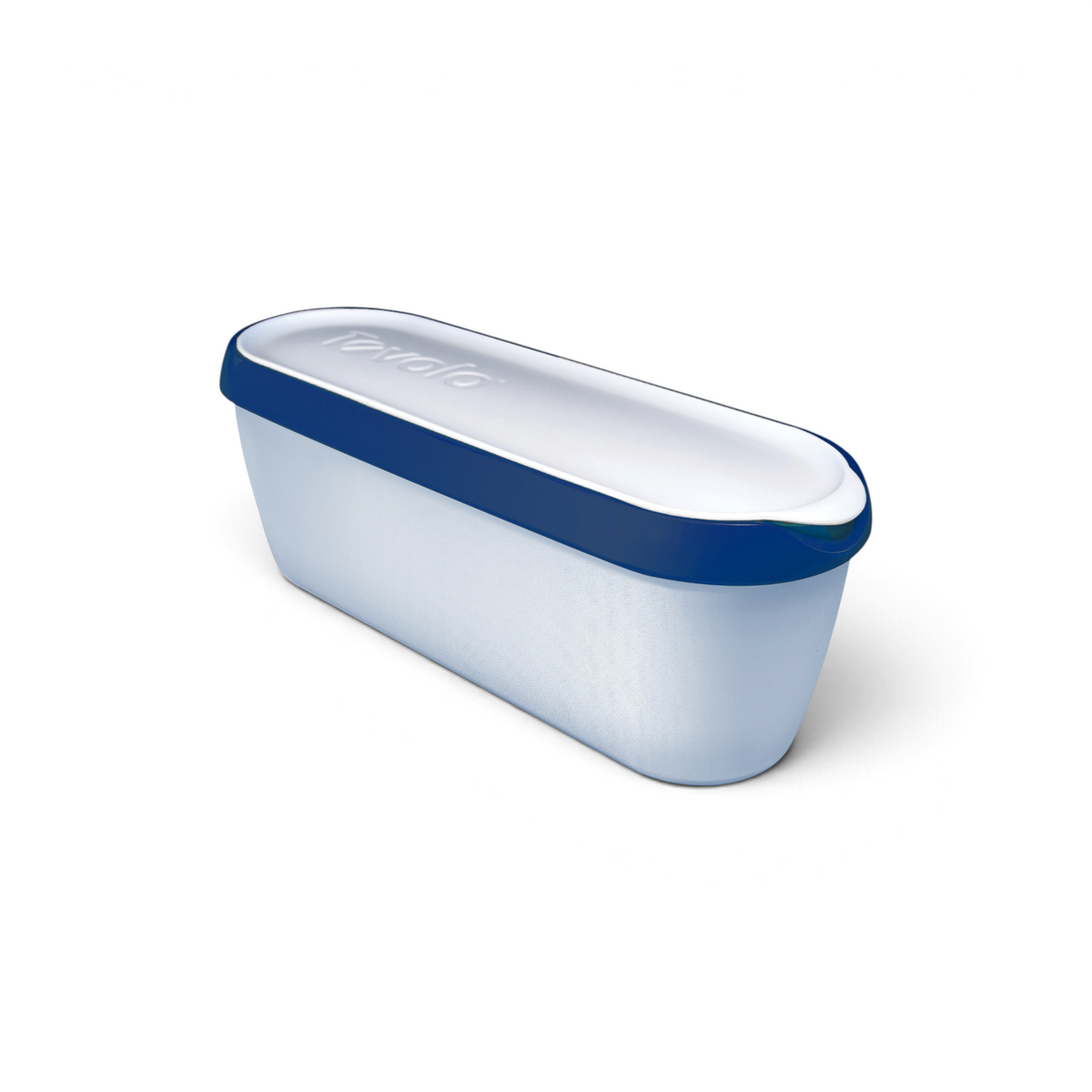 The Glide-A-Scoop Ice Cream Tub is a rectangular, blue and white container with a fitted, airtight lid embossed with "Tovolo," designed for homemade ice cream storage. It is shown on a white background.