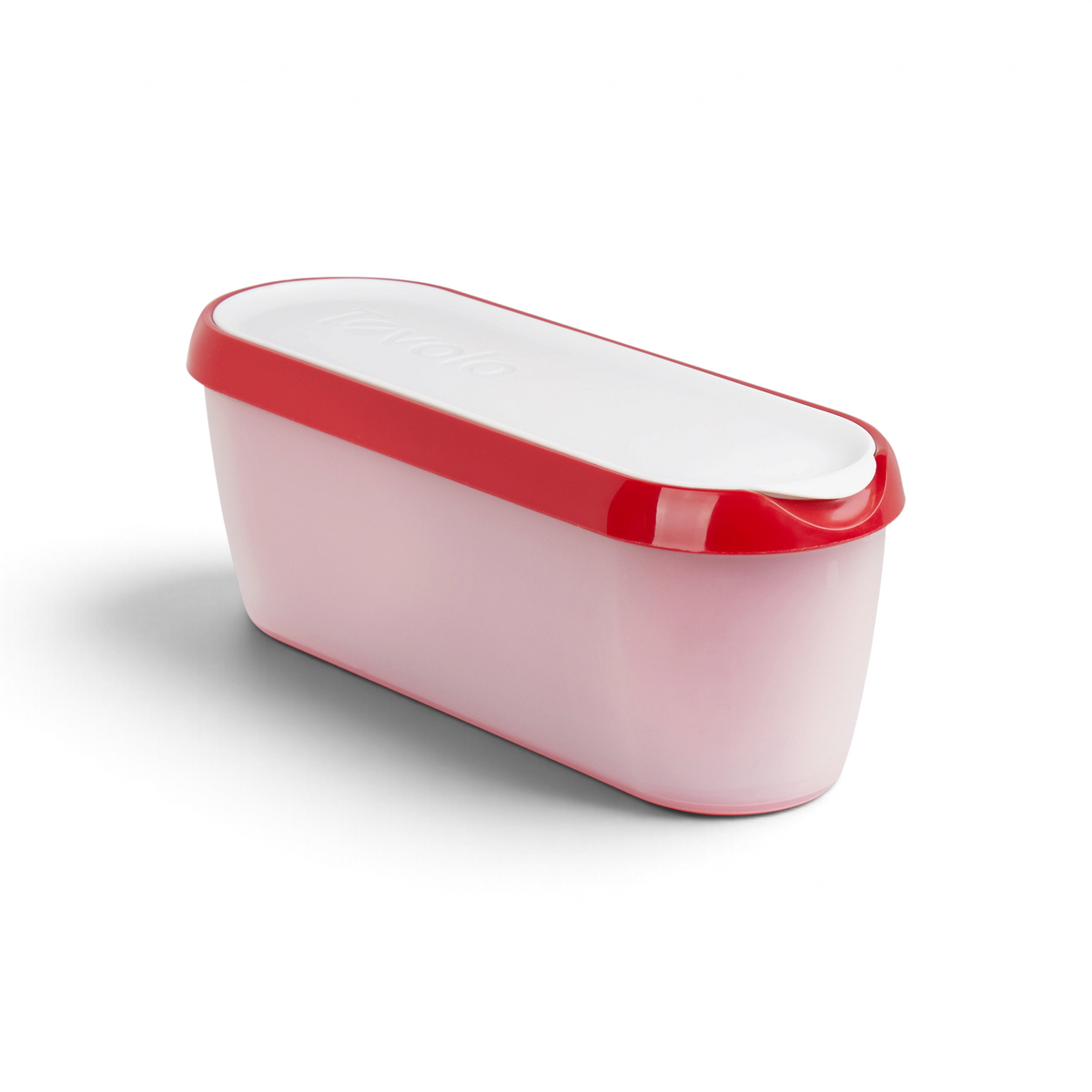Tovolo Glide-A-Scoop ice cream tub with a pink container and a red and white airtight lid for freezer storage.