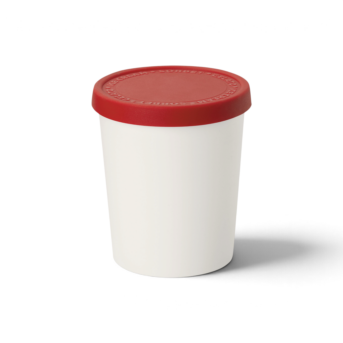 Tovolo Sweet Treats Tub with a white container and a red silicone lid for storing homemade ice cream and gelato.