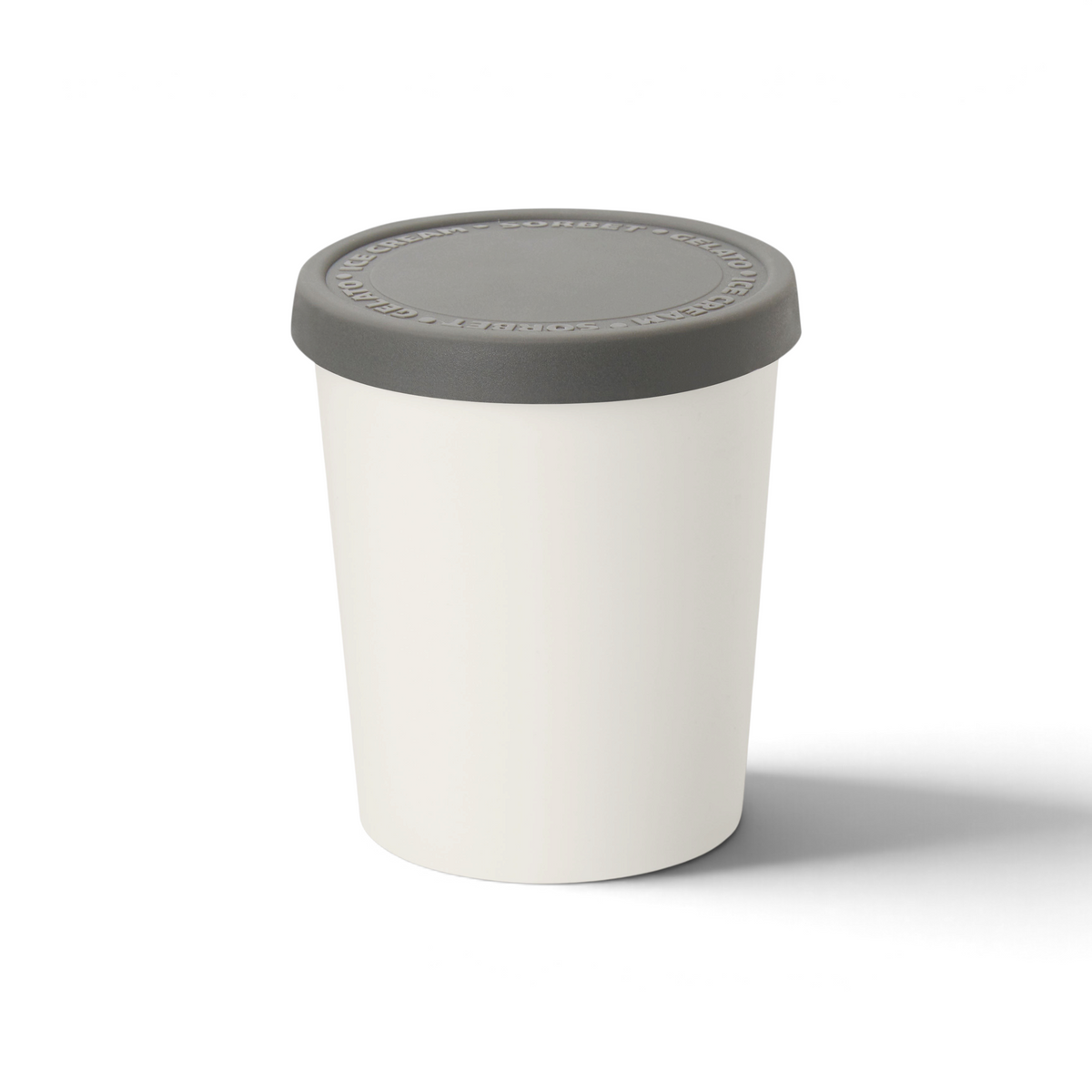 Tovolo Sweet Treats Tub with a grey silicone lid for storing homemade ice cream, gelato, and sorbet in the freezer.