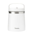 The Insulated Food Traveler is a white food flask with a top handle, stainless steel band around the lid, and Tovolo branding on the front, providing spill-proof travel convenience.