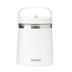The Insulated Food Traveler is a white food flask with a top handle, stainless steel band around the lid, and Tovolo branding on the front, providing spill-proof travel convenience.