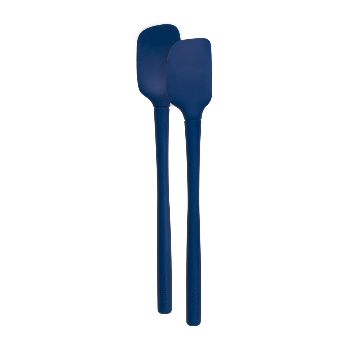 Two dark blue tovolo Flex-Core Silicone Mini Spatula + Spoonula, both with long handles, are side by side on a white background, highlighting their heat resistance and kitchen versatility.