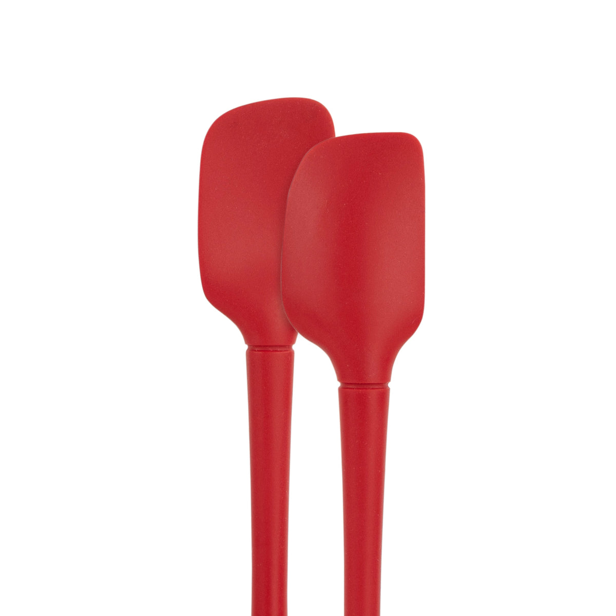 The tovolo Flex-Core Silicone Mini Spatula + Spoonula features two red, heat-resistant utensils with rectangular heads and long handles, standing upright against a white background—perfect for all your cooking needs.