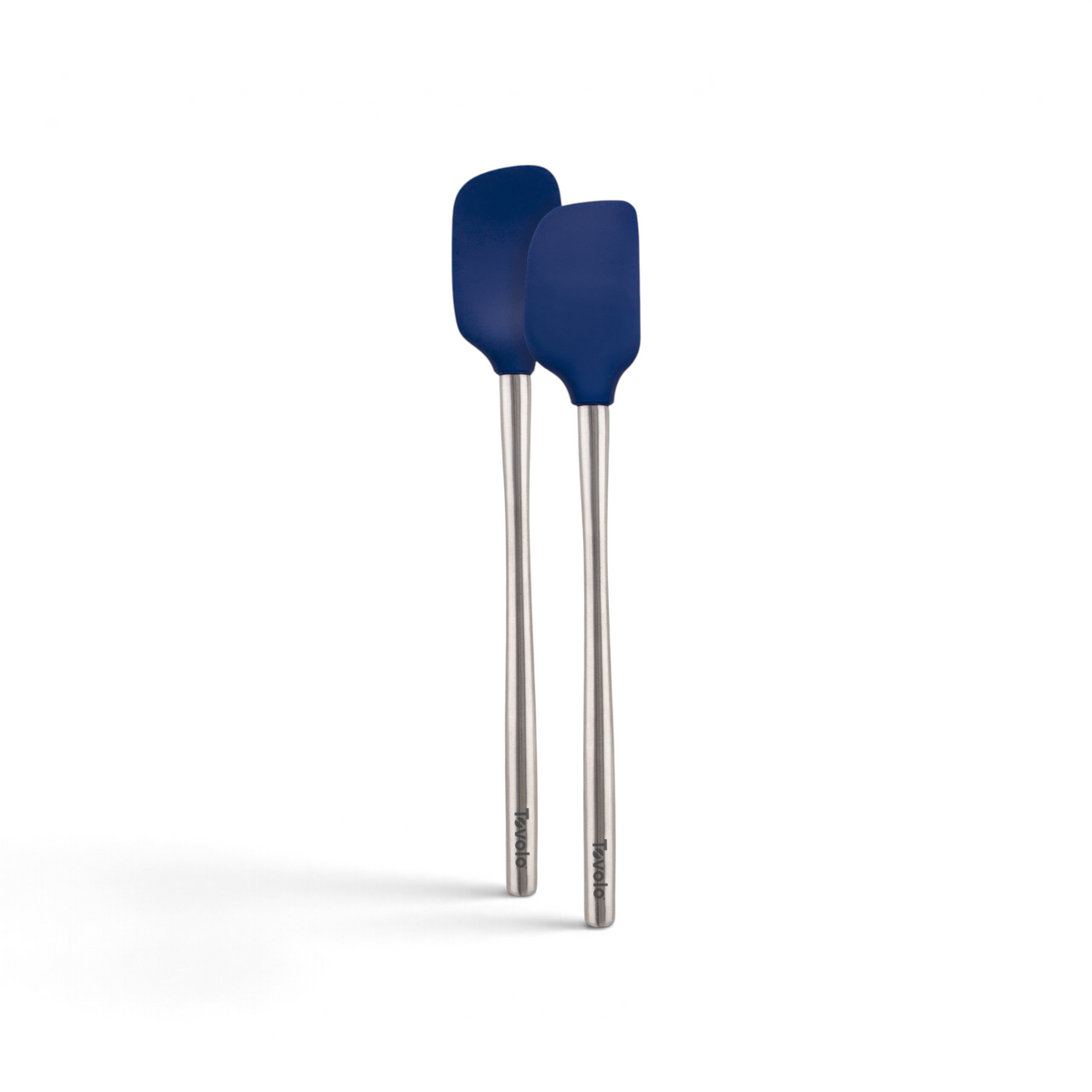 Two tovolo Flex-Core Silicone Mini Spatula and Spoonula utensils, each with blue heat-resistant heads and stainless steel handles, are displayed side by side on a white background.