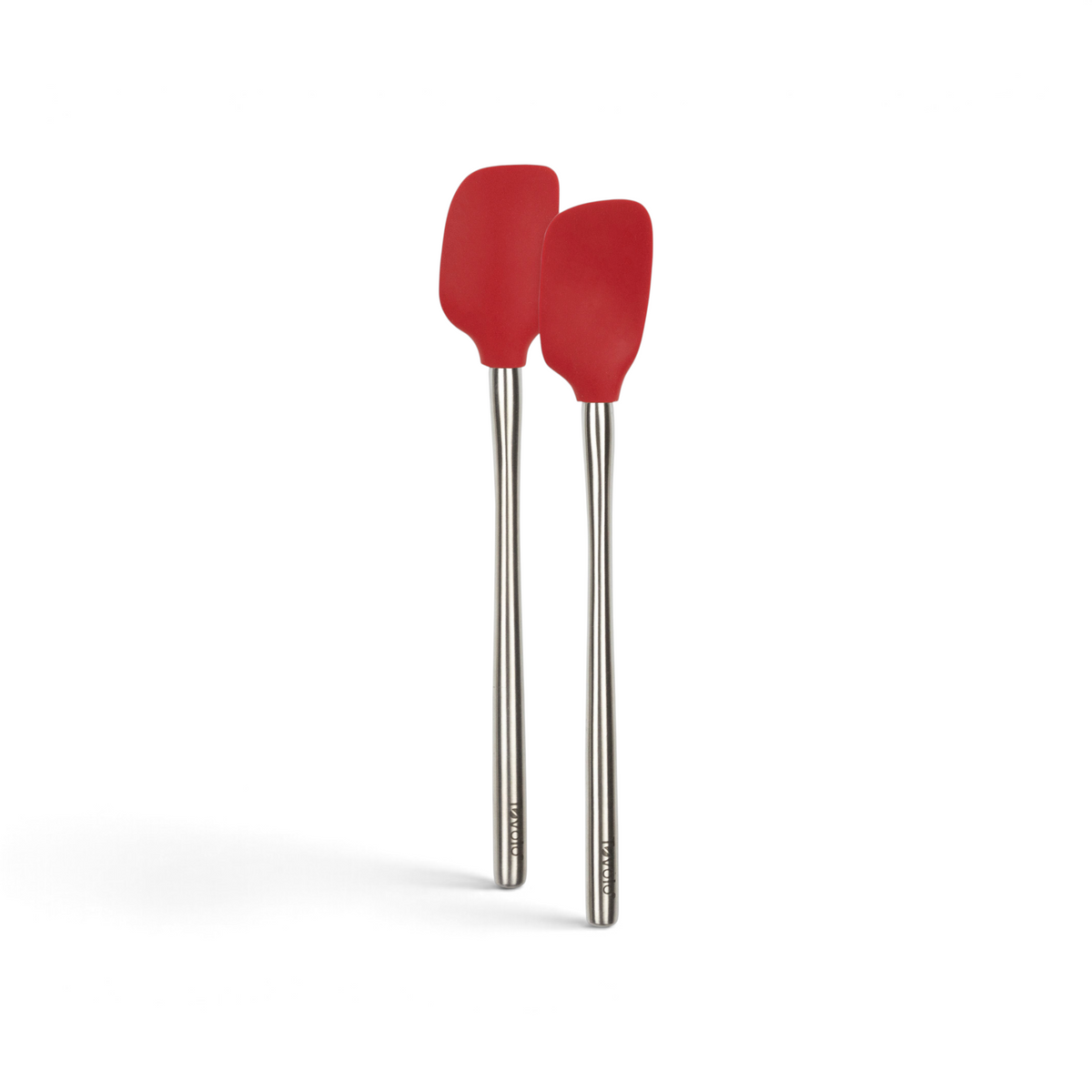 The tovolo Flex-Core Silicone Mini Spatula + Spoonula set features two red, heat-resistant utensils with long stainless steel handles, shown side by side on a white background.