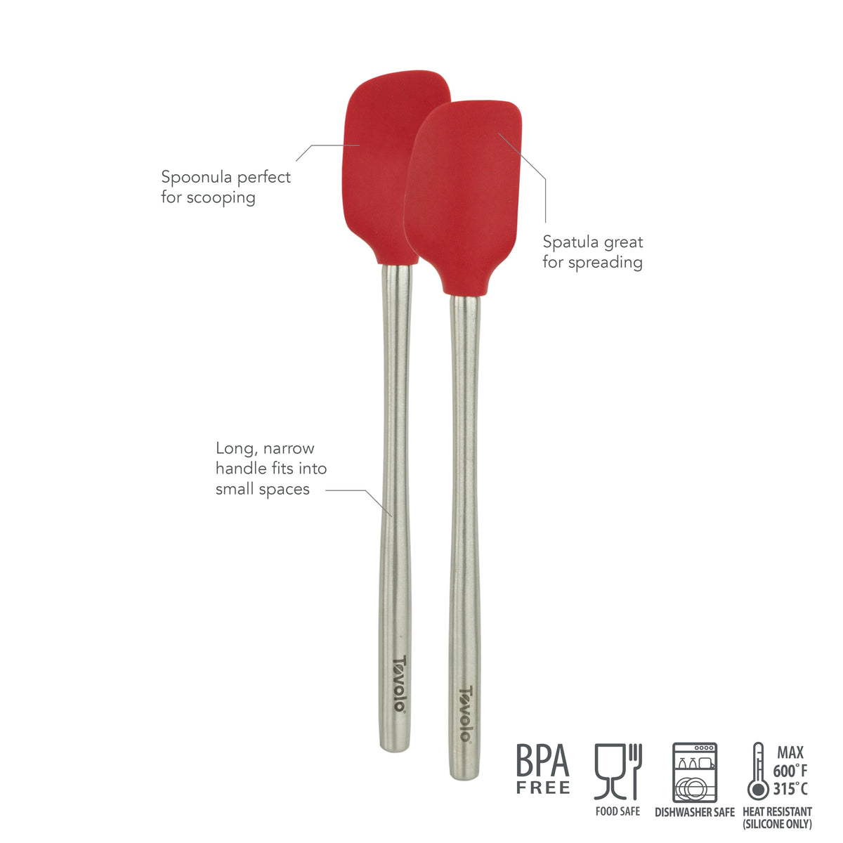 The tovolo Flex-Core Silicone Mini Spatula + Spoonula set features two red, BPA-free utensils with long stainless steel handles, for scooping and spreading. Food safe, dishwasher safe, and heat resistant up to 600°F.