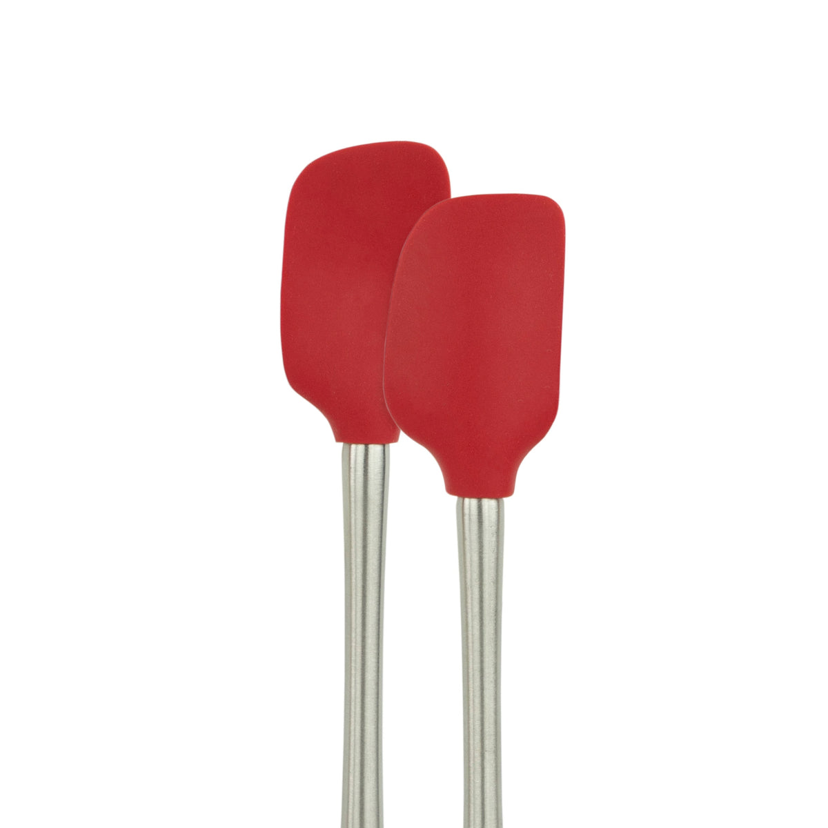 The tovolo Flex-Core Silicone Mini Spatula and Spoonula, both red with stainless steel handles, stand upright side by side on a white background.