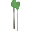 The tovolo Flex-Core Silicone Mini Spatula + Spoonula set features two heat-resistant utensils with green silicone heads and long stainless steel handles, perfect for any cooking task.