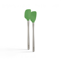 The tovolo Flex-Core Silicone Mini Spatula + Spoonula set features two heat-resistant utensils with green silicone heads and long stainless steel handles, perfect for any cooking task.