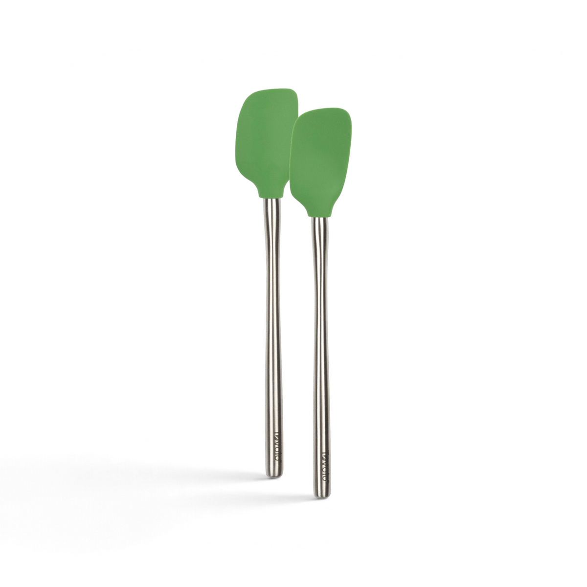 The tovolo Flex-Core Silicone Mini Spatula + Spoonula set features two heat-resistant utensils with green silicone heads and long stainless steel handles, perfect for any cooking task.