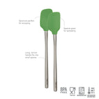 The tovolo Flex-Core Silicone Mini Spatula + Spoonula set includes two green tools with silver handles, both BPA free, food safe, dishwasher safe, and heat resistant up to 600°F. Perfect for scooping and spreading in the kitchen.