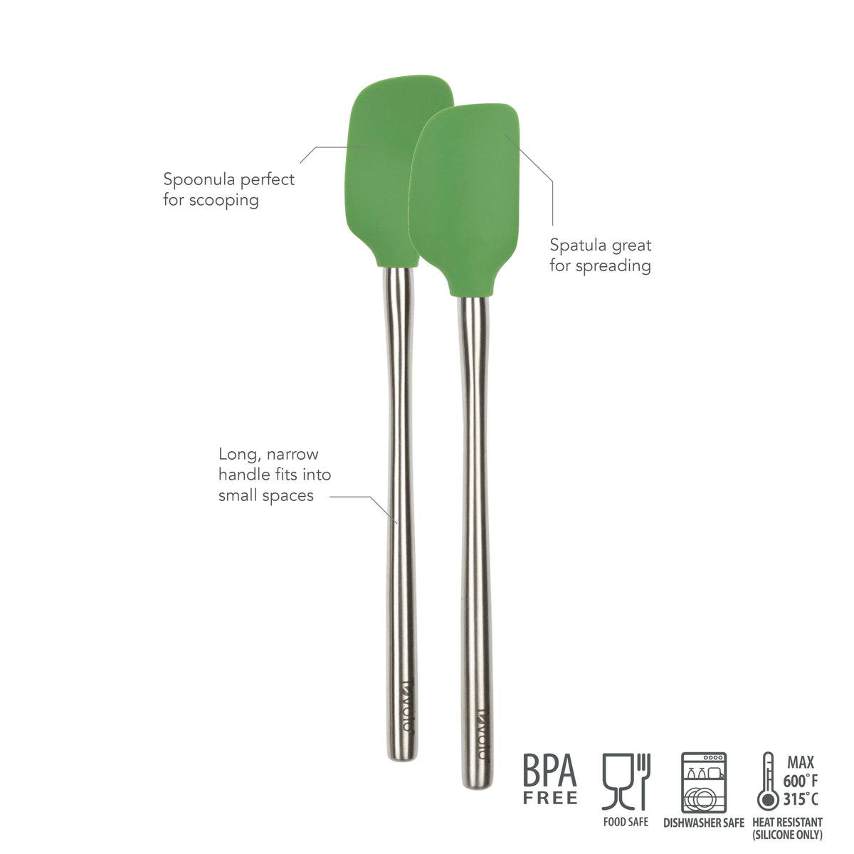 The tovolo Flex-Core Silicone Mini Spatula + Spoonula set includes two green tools with silver handles, both BPA free, food safe, dishwasher safe, and heat resistant up to 600°F. Perfect for scooping and spreading in the kitchen.