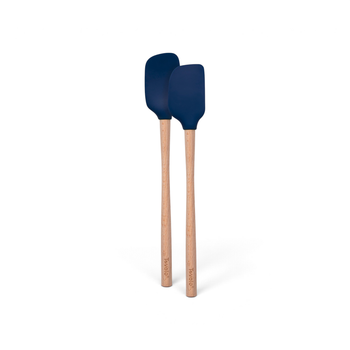 The tovolo Flex-Core Silicone Mini Spatula + Spoonula set features two heat-resistant utensils with wooden handles and dark blue silicone heads, ideal for all your cooking needs.