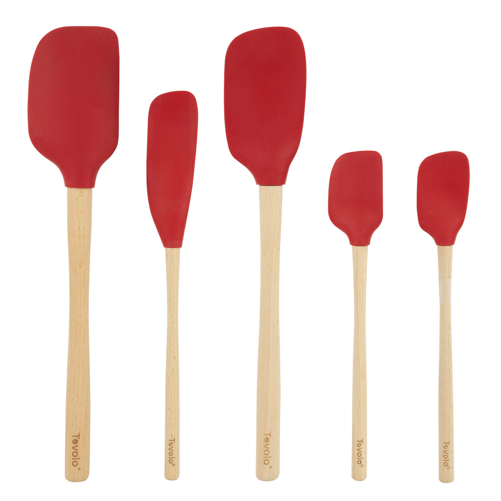 The Flex-Core Wood-Handle Spatula Set of 5 features five red spatulas with light wooden handles, arranged in a row from largest to smallest, displayed against a white background.