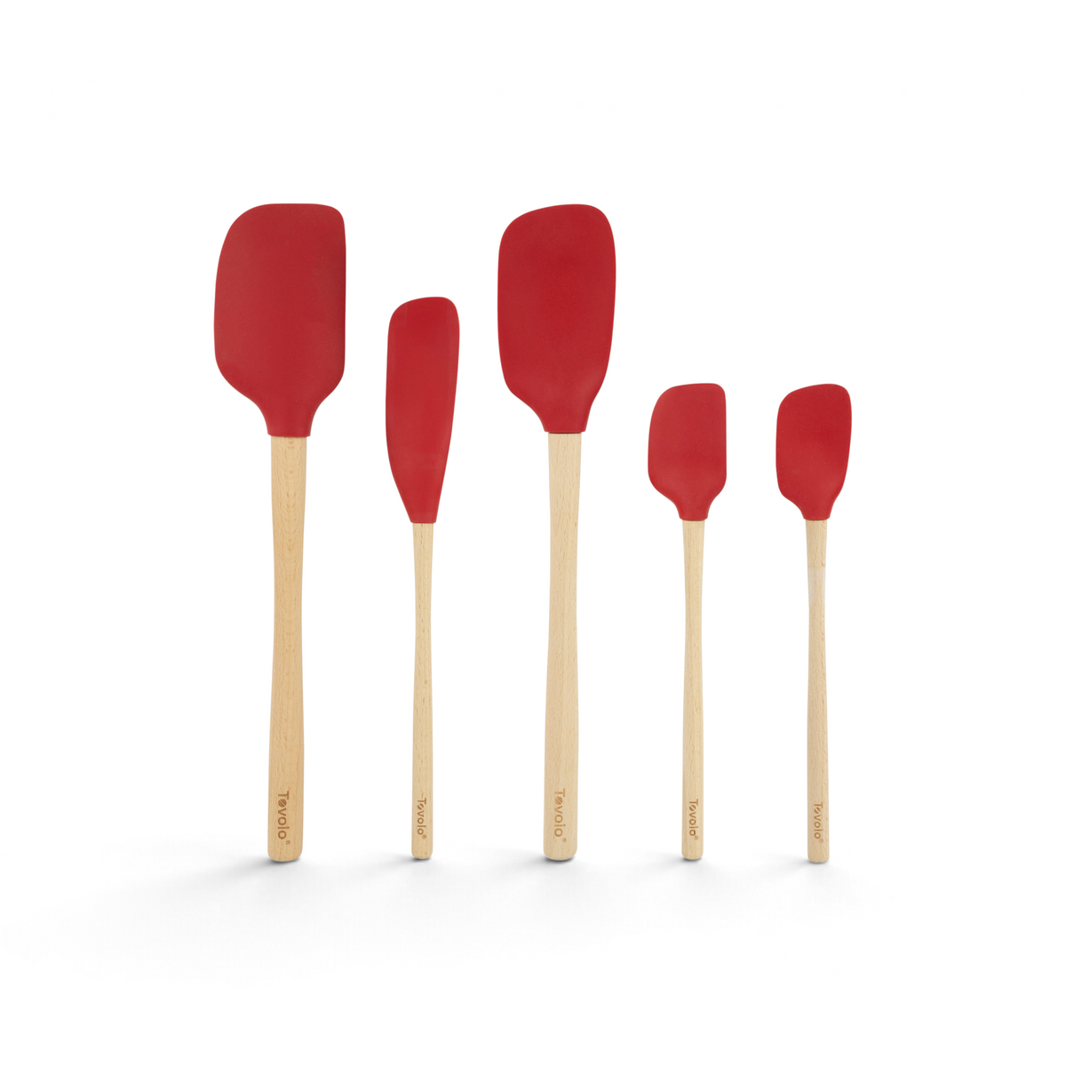 The Flex-Core Wood-Handle Spatula Set of 5 features five red spatulas with light wooden handles, arranged in a row from largest to smallest, displayed against a white background.