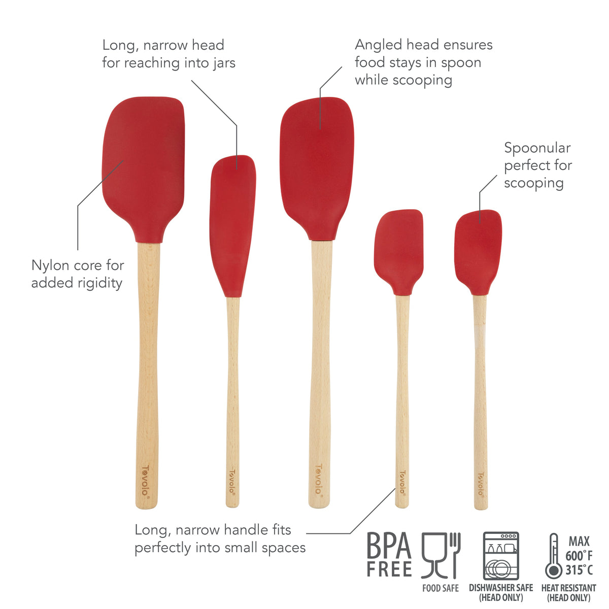 The Flex-Core Wood-Handle Spatula Set of 5 is shown in a row, labeled by size and feature, with icons for BPA free, food safe, and heat and dishwasher safe (head only).