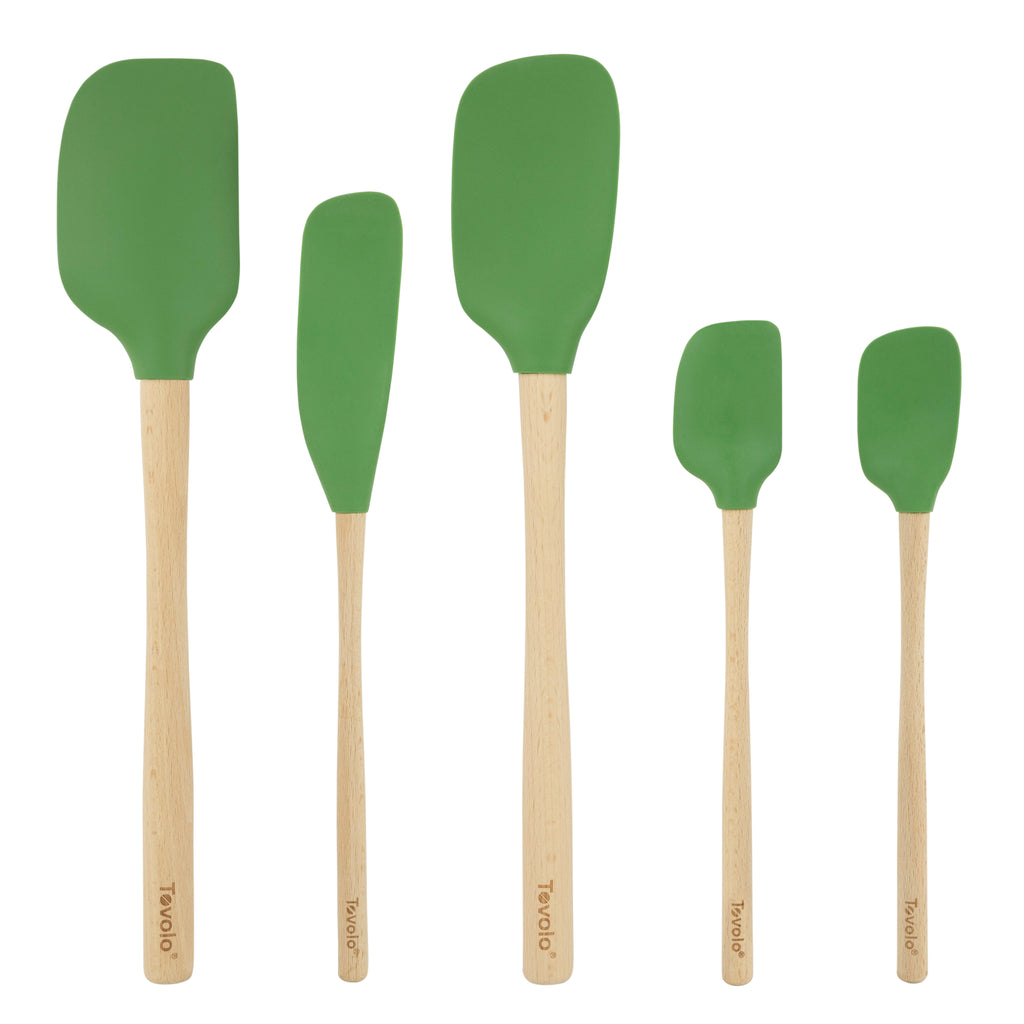 Five Flex-Core Wood-Handle Spatula Set of 5 pieces, each a different size and all with wooden handles, are arranged side by side on a white background.