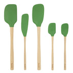 Five Flex-Core Wood-Handle Spatula Set of 5 pieces, each a different size and all with wooden handles, are arranged side by side on a white background.