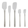 Five Flex-Core All-Silicone Spatulas are arranged in a row against a white background.