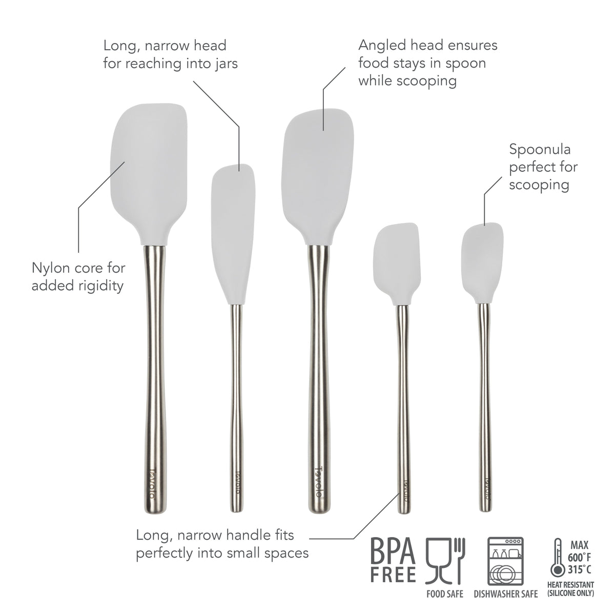 The Flex-Core All-Silicone Spatula Set of 5 is pictured in various sizes, featuring long handles, angled heads, jar scraper tips, and scooping design. Icons indicate they are BPA-free, food safe, dishwasher safe, and heat resistant.