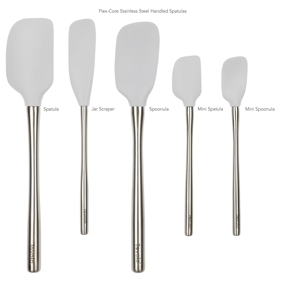 The Flex-Core All-Silicone Spatula Set of 5 includes utensils labeled from left to right: Classic Spatula, Jar Scraper, Spoonula, Mini Spatula, and Mini Spoonula. Each features a white, flexible silicone head and durable stainless steel handles.