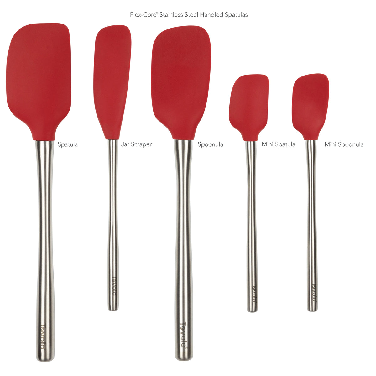 The Flex-Core All-Silicone Spatula Set of 5, featuring red handles and stainless steel, includes a Jar Scraper and Classic Spatula, all displayed in a row on a white background.