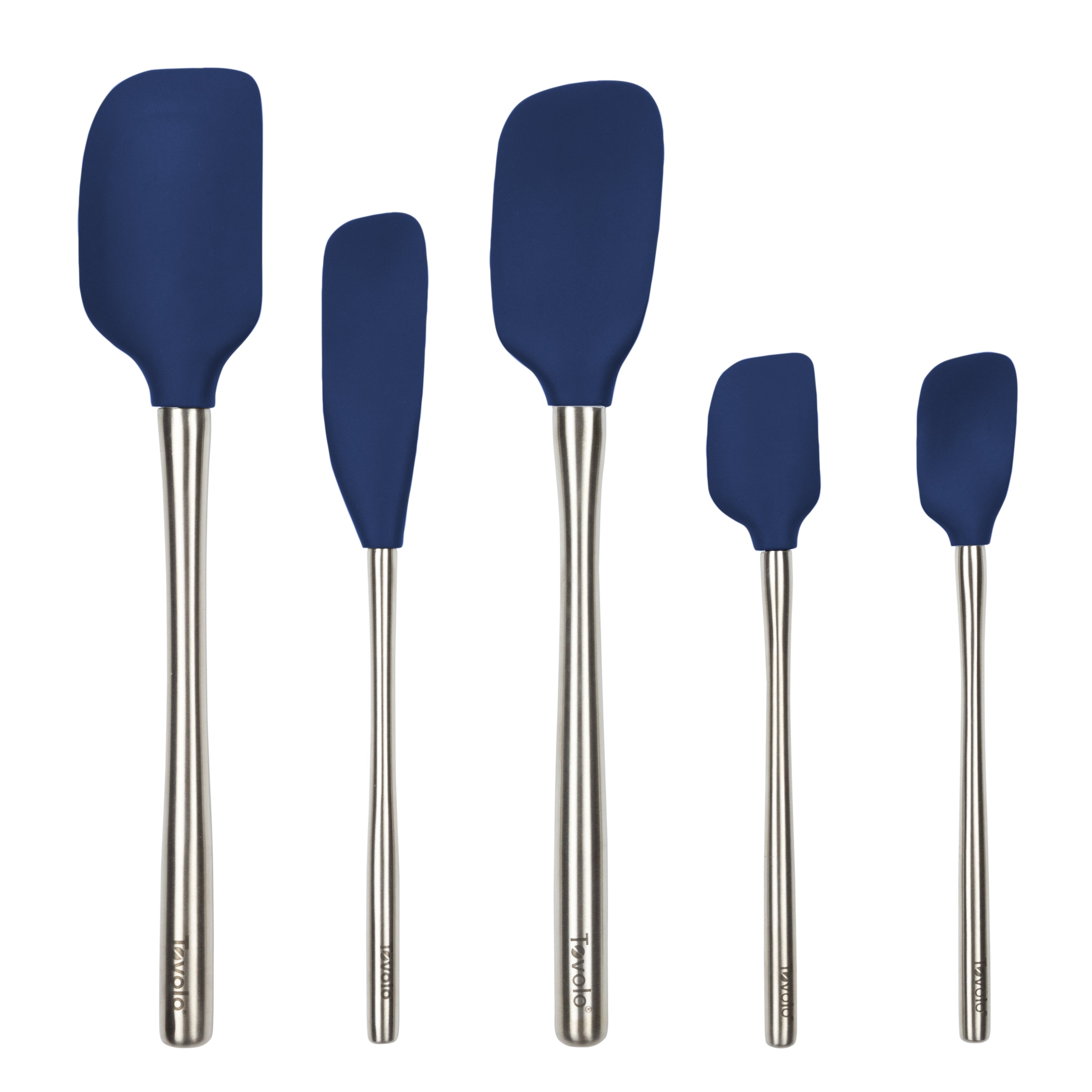 Five tovolo Flex-Core All-Silicone Spatulas are arranged upright in a row, each with blue silicone heads and varying shapes and sizes—perfect for any cooking task.