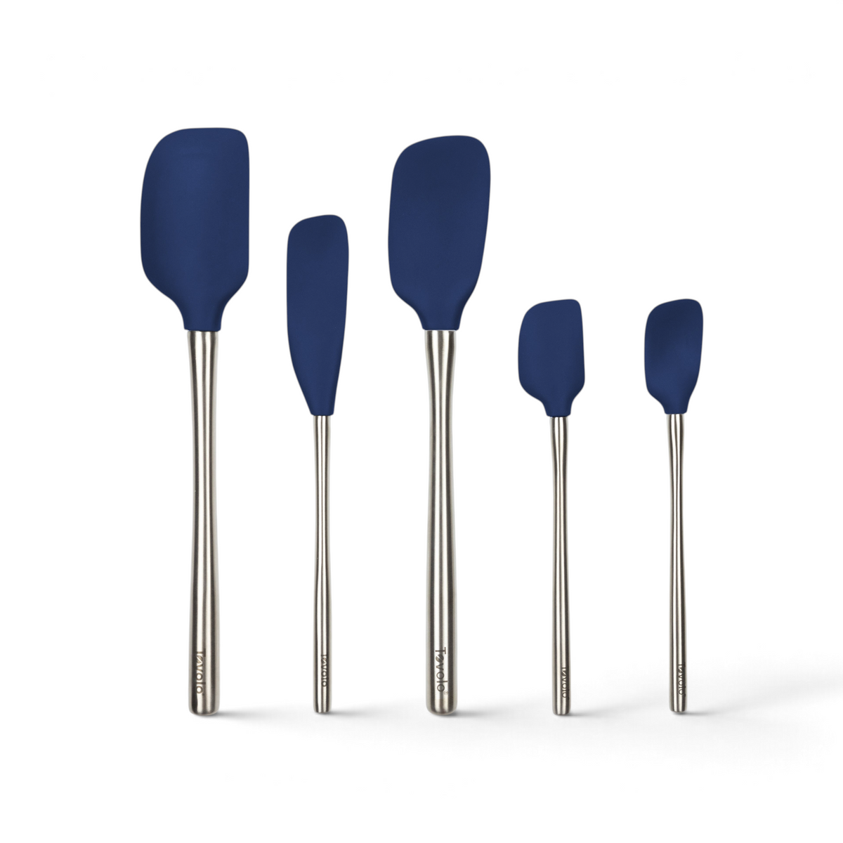 Five tovolo Flex-Core All-Silicone Spatulas are arranged upright in a row, each with blue silicone heads and varying shapes and sizes—perfect for any cooking task.
