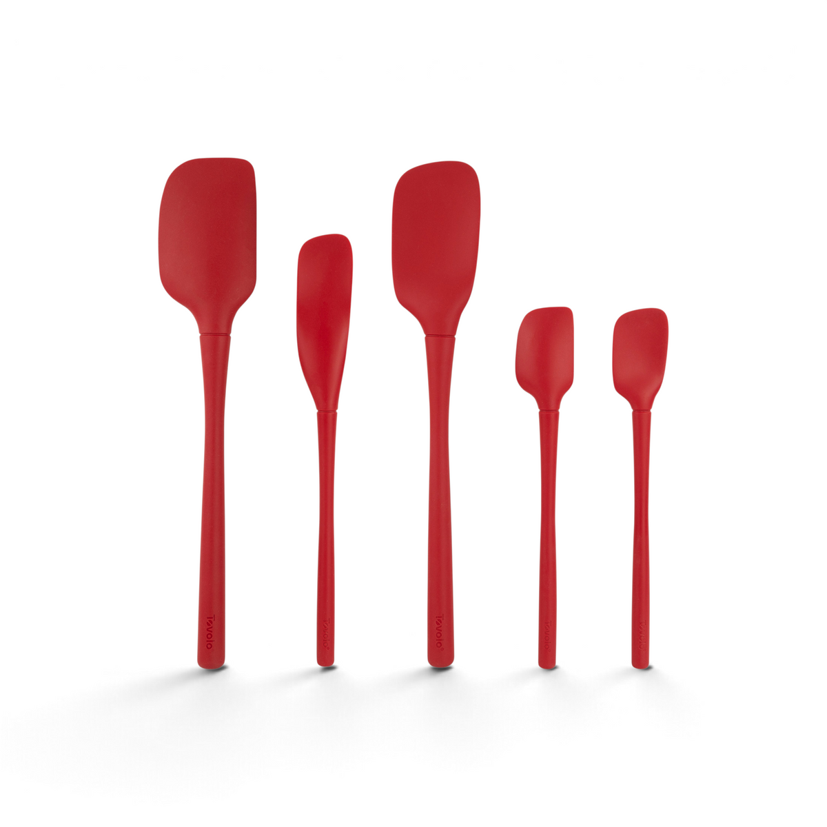 Five Flex-Core All-Silicone Spatula Set of 5 pieces, including a Classic Spatula and Jar Scraper in various sizes, stand upright in a row against a white background.