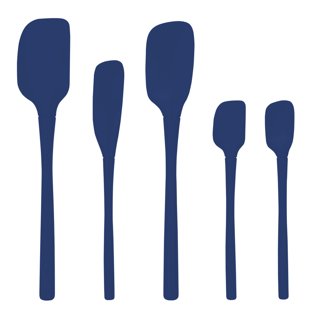 Five blue tovolo Flex-Core All-Silicone Spatulas, including a Jar Scraper, are lined up vertically against a white background.