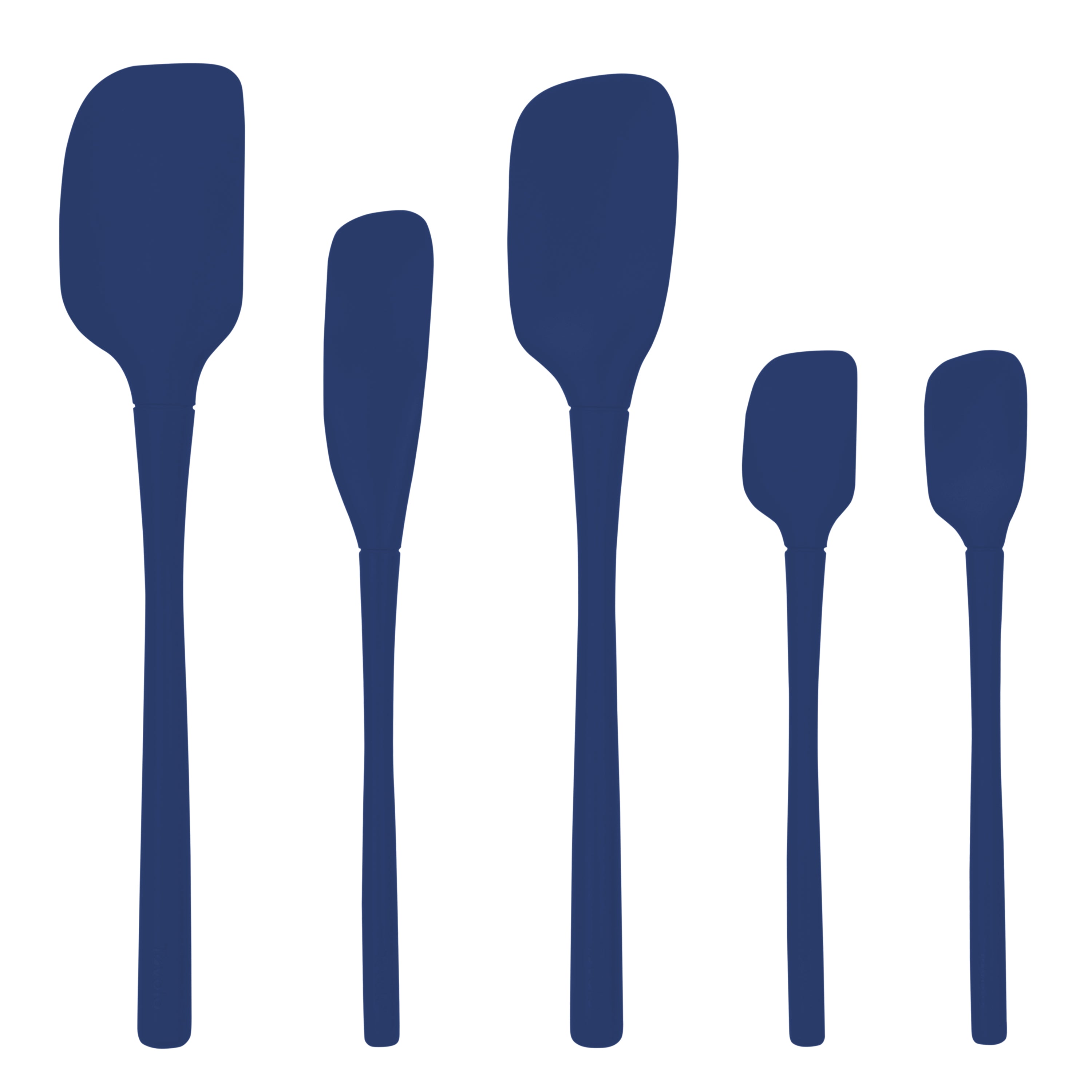 Five blue tovolo Flex-Core All-Silicone Spatulas, including a Jar Scraper, are lined up vertically against a white background.