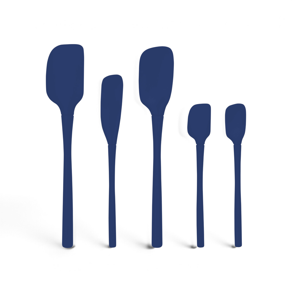 Five blue tovolo Flex-Core All-Silicone Spatulas, including a Jar Scraper, are lined up vertically against a white background.