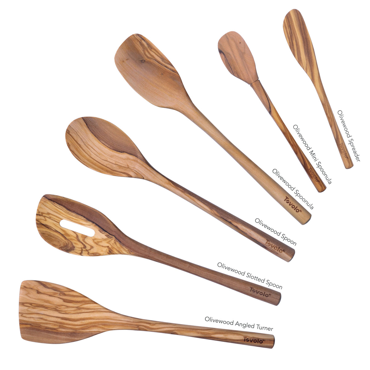 Six Olivewood Utensils, including spoons, a wooden spatula, and a slotted spoon, are arranged on a white background. Each is labeled with its name and "Olivewood Utensils," showcasing their unique shapes and sizes.