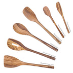 Six Olivewood Utensils, including spoons, a wooden spatula, and a slotted spoon, are arranged on a white background. Each is labeled with its name and "Olivewood Utensils," showcasing their unique shapes and sizes.