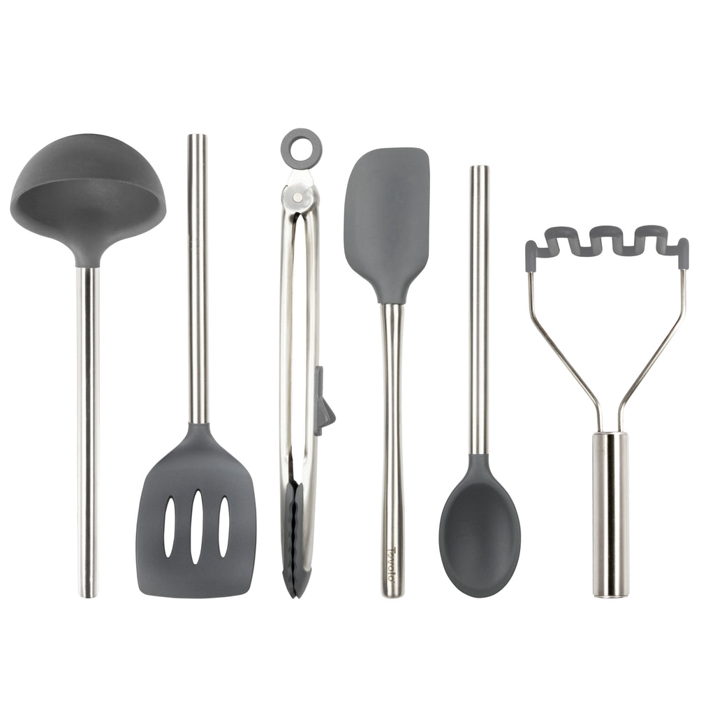 The Silicone Utensil Set of 6 includes heat-resistant ladle, slotted spatula, tongs, spatula, spoon, and potato masher with stainless steel handles and non-scratch silicone heads, all displayed on a white background.