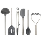 The Silicone Utensil Set of 6 includes heat-resistant ladle, slotted spatula, tongs, spatula, spoon, and potato masher with stainless steel handles and non-scratch silicone heads, all displayed on a white background.