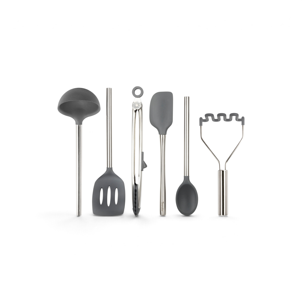 The tovolo Silicone and Stainless Steel Utensil Set of 6 includes a ladle, slotted spatula, tongs, spatula, spoon, and potato masher—all with gray non-scratch silicone heads for heat-resistant cooking.