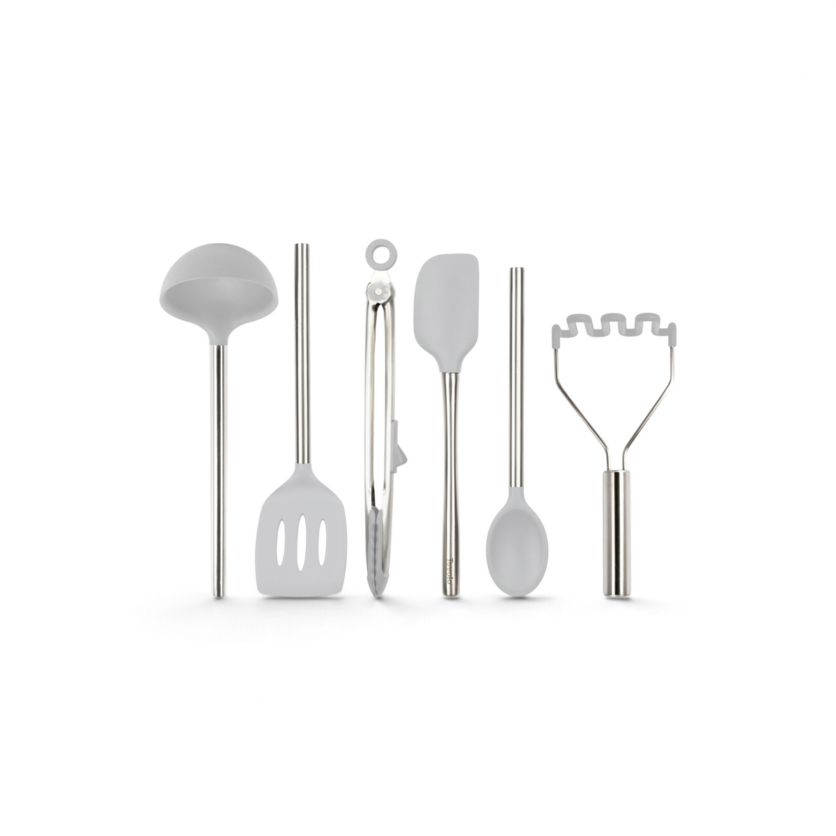 The tovolo Silicone and Stainless Steel Utensil Set of 6 features heat-resistant, gray non-scratch silicone heads and sturdy stainless steel handles—includes ladle, slotted spatula, tongs, regular spatula, spoon, and potato masher.